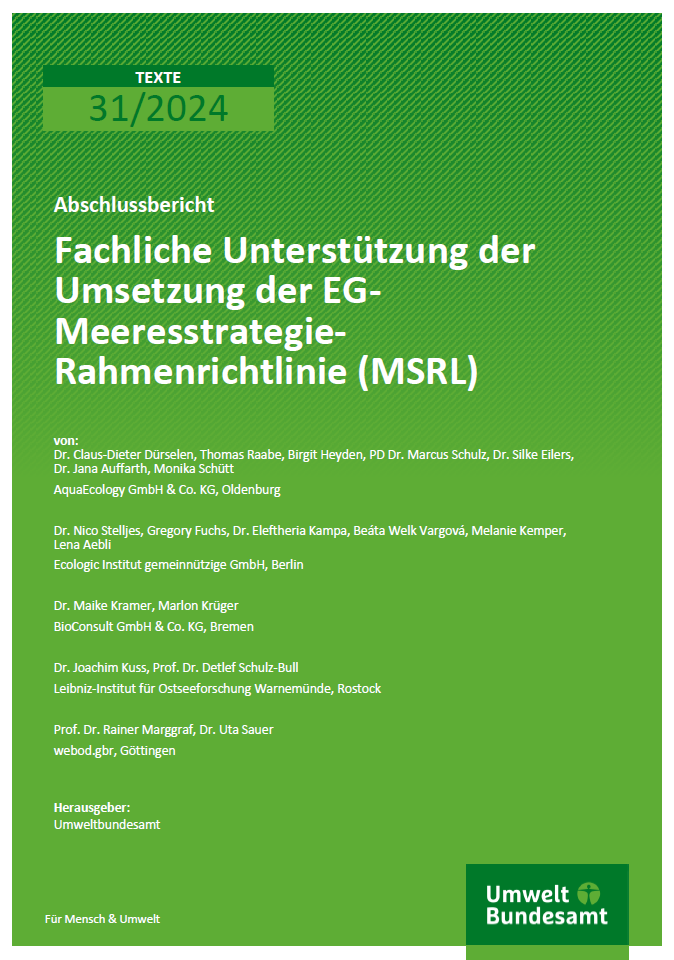 Titelseite eines Berichts mit dem Titel 'Fachliche Unterstützung der Umsetzung der EG-Meeresstrategie-Rahmenrichtlinie (MSRL)', Texte Nummer 31/2024. Herausgegeben vom Umweltbundesamt, mit einer Liste von Autoren, die in der Meeresforschung und Ökologie tätig sind.